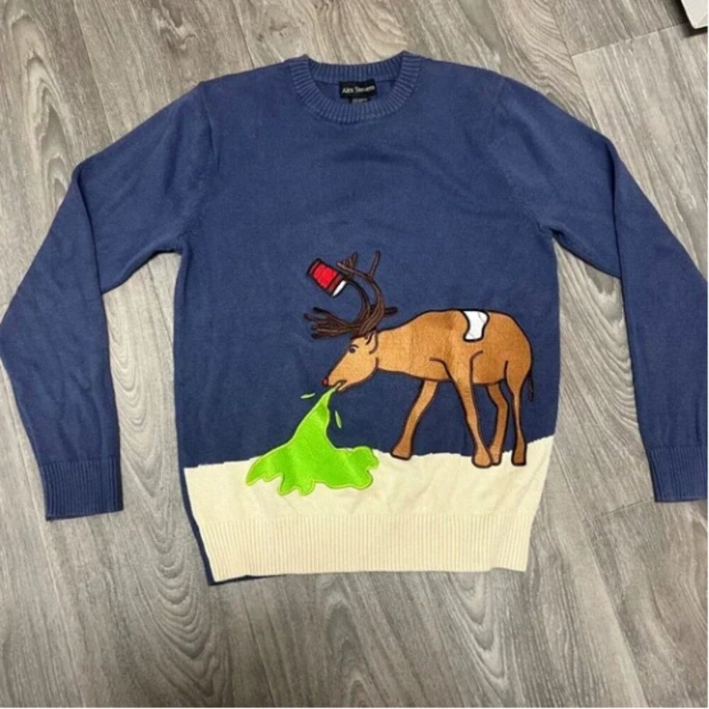 Ugly Christmas Sweater Alex Stevens Reindeer Crew Neck Novelty Blue Size Medium